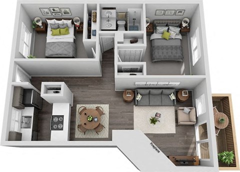Floor plan for 2 beds, 1 bath, 870 sqft